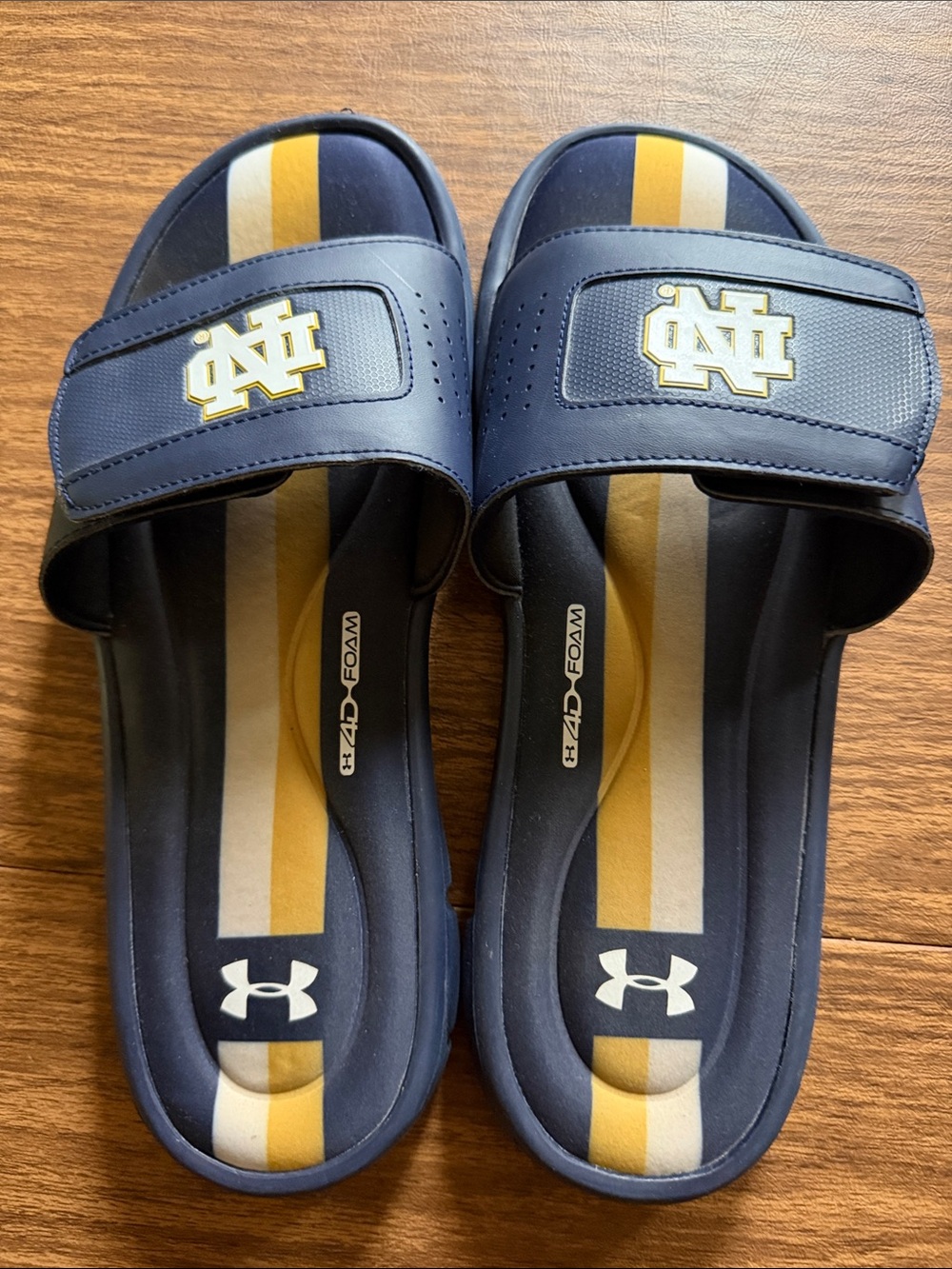 Under Armour Notre Dame Navy, Gold & White Slide Sandals with Adjustable Strap